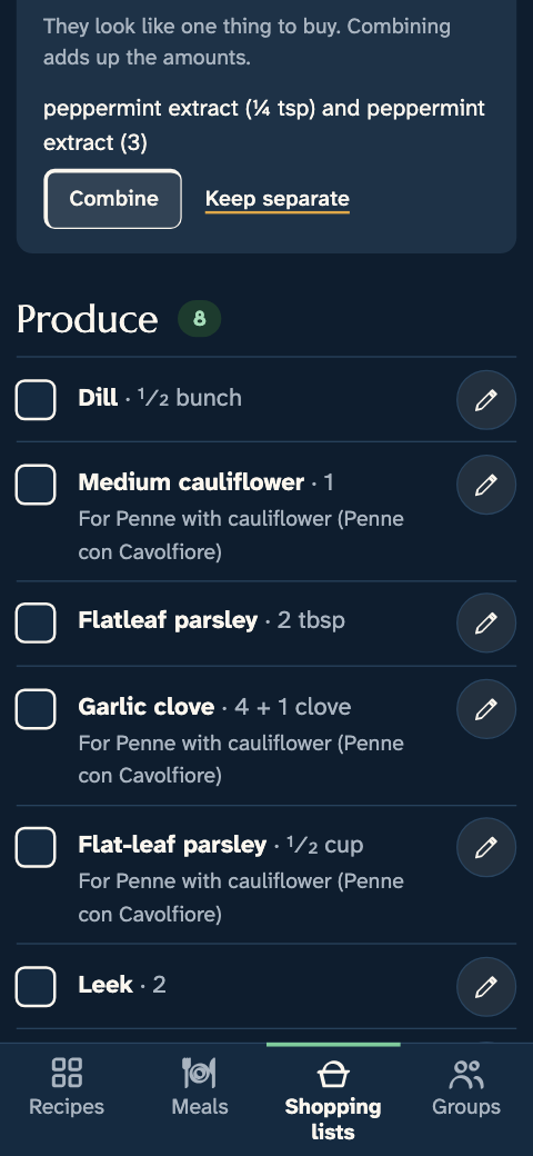 The shared shopping list, grouped by category