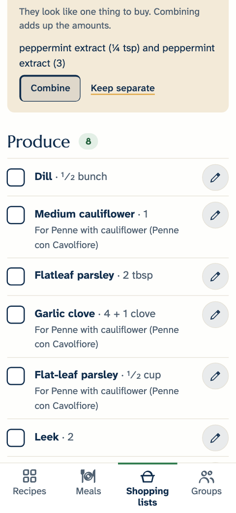 The shared shopping list, grouped by category