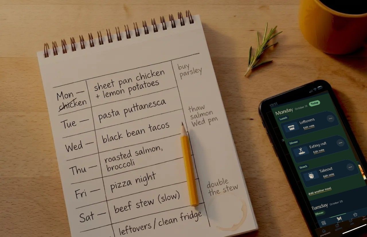 A paper week plan beside a phone open to Capseta’s Meals page, with leftovers, eating out, and takeout planned