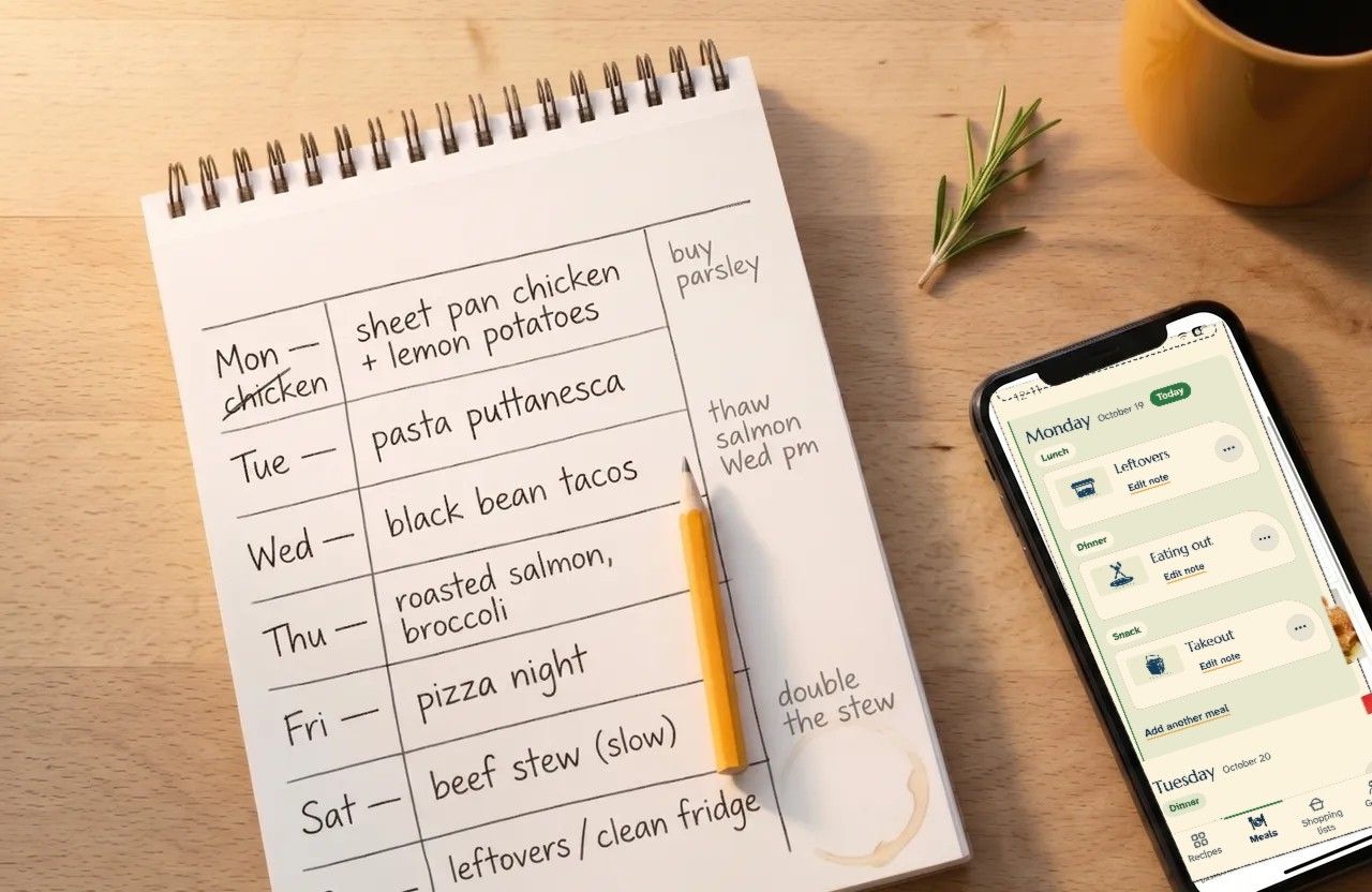 A paper week plan beside a phone open to Capseta’s Meals page, with leftovers, eating out, and takeout planned