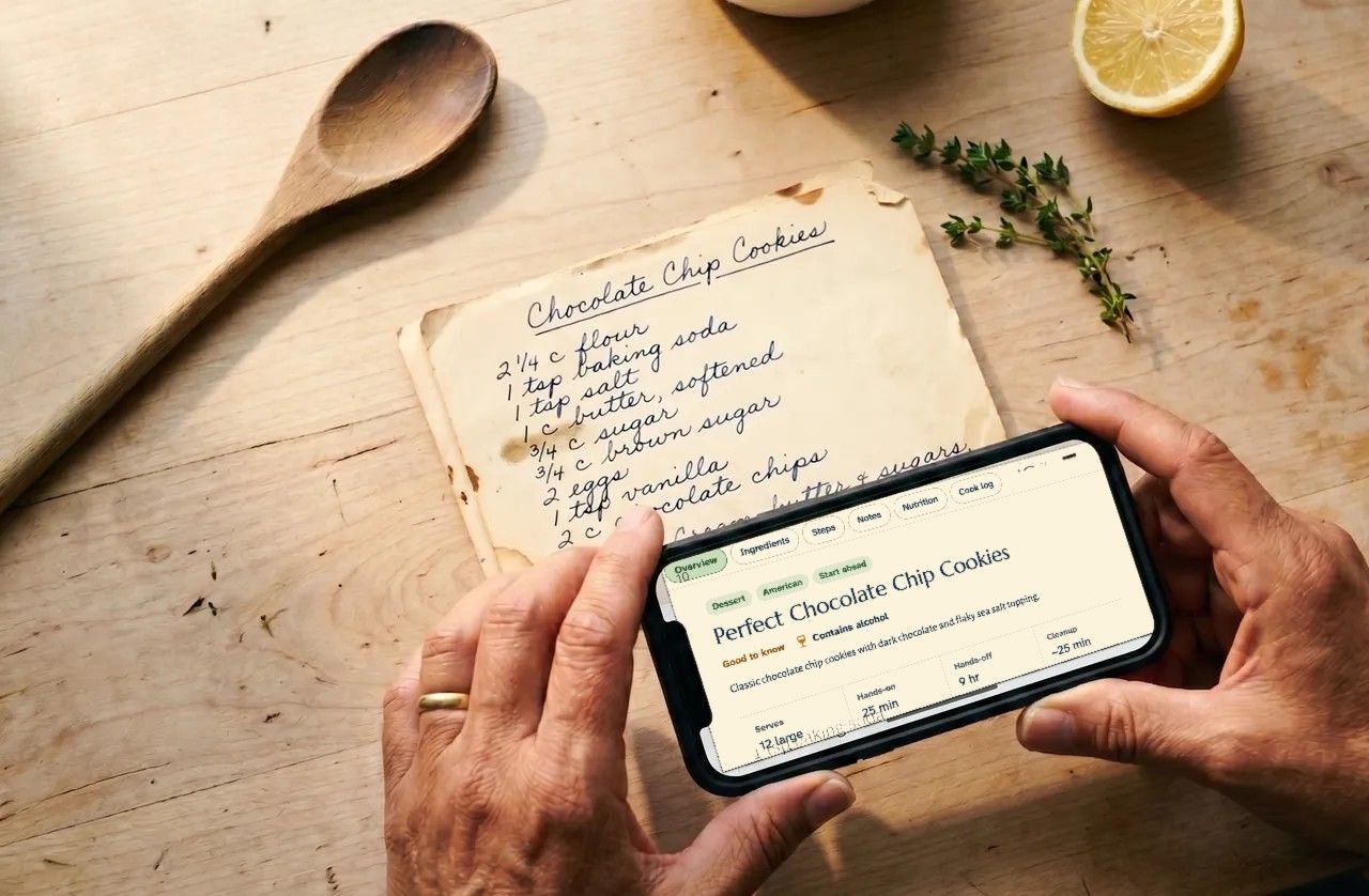 Hands holding a phone over a handwritten Chocolate Chip Cookies card, with the recipe open in Capseta