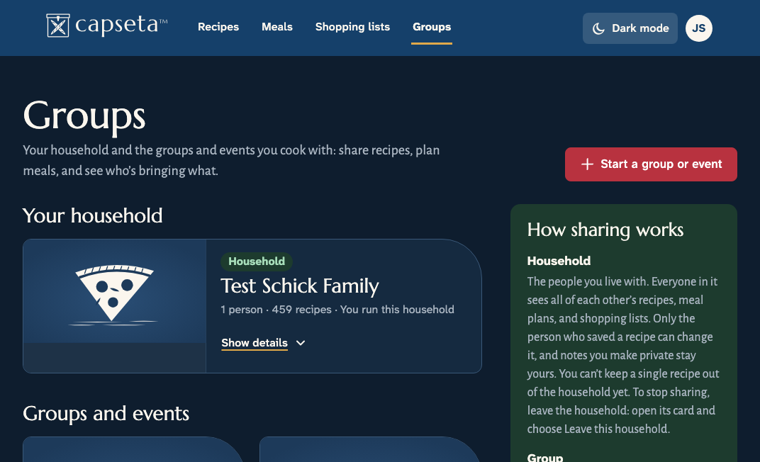 Capseta’s Household and groups screen: a household of four, a group, and an event, and a note on how sharing works