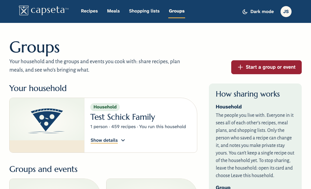 Capseta’s Household and groups screen: a household of four, a group, and an event, and a note on how sharing works