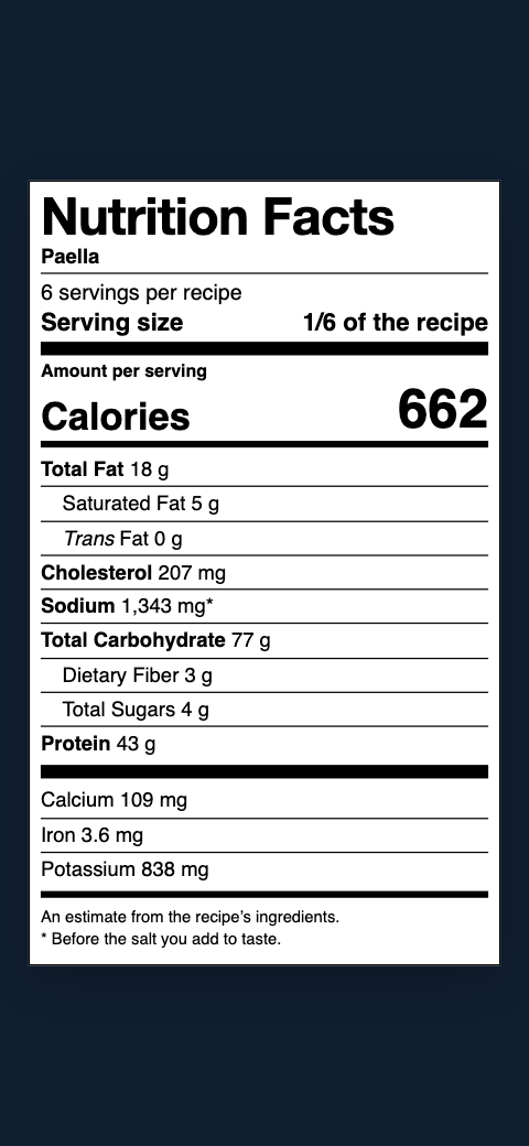 A Nutrition Facts label for the paella, per serving, made from its estimated figures