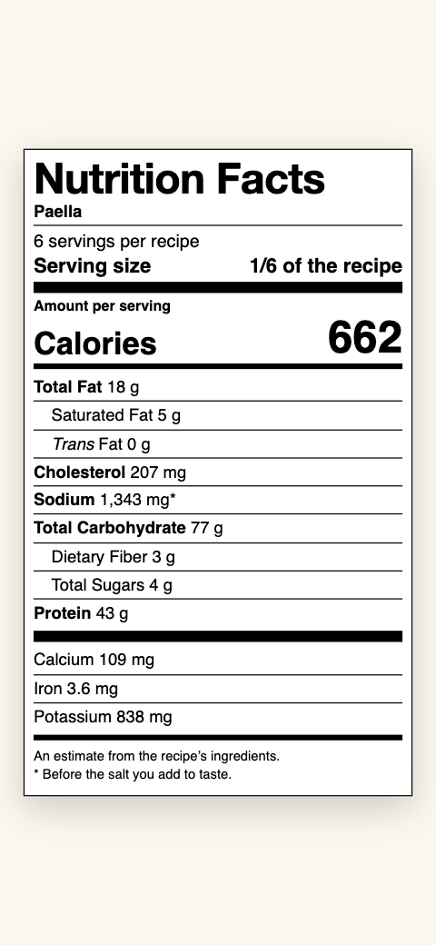 A Nutrition Facts label for the paella, per serving, made from its estimated figures