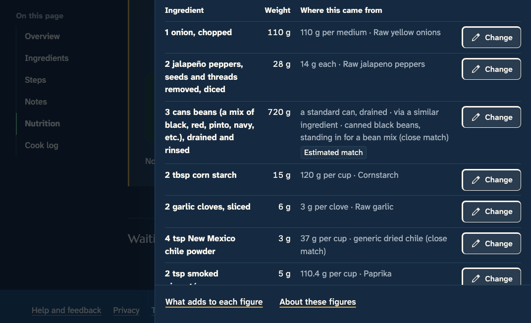 The ingredient table: each line, the food it was matched to, its weight, and its source