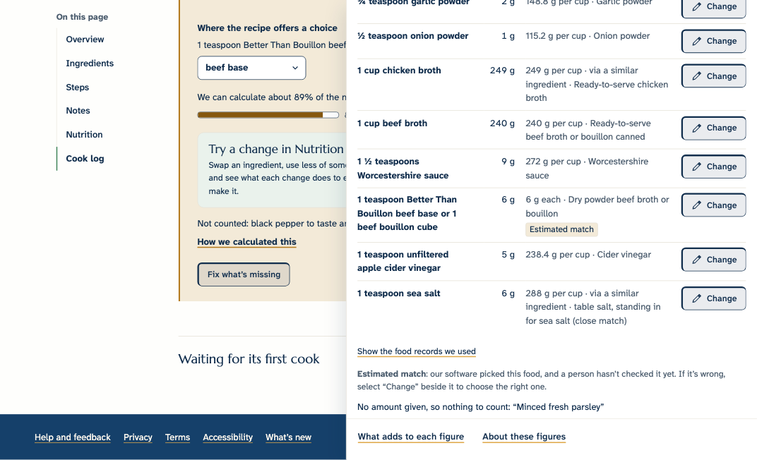 “How we calculated this” open on Homemade Poutine: each ingredient’s weight, the food it was matched to, and its source, an “Estimated match” tag, and the coverage bar at 89%